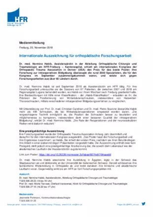 MM - Internationale Auszeichnung für orthopädische Forschungsarbeit
