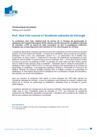 CP - Prof. Anis Feki nommé à l’Académie nationale de Chirurgie