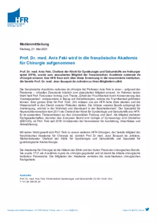 MM - Prof. Dr. med. Anis Feki wird in die französische Akademie für Chirurgie aufgenommen