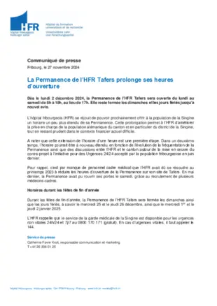 Cp - La Permanence de l’HFR Tafers prolonge ses heures d’ouverture