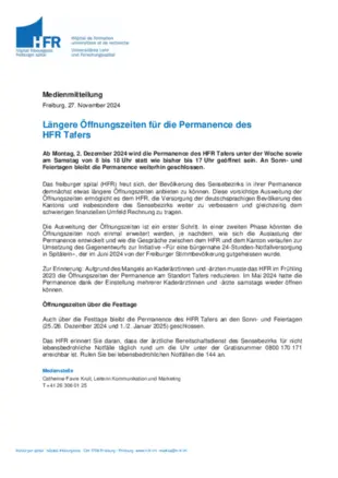 MM - Längere Öffnungszeiten für die Permanence des HFR Tafers