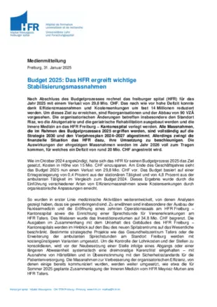 MM - Budget 2025: Das HFR ergreift wichtige Stabilisierungsmassnahmen