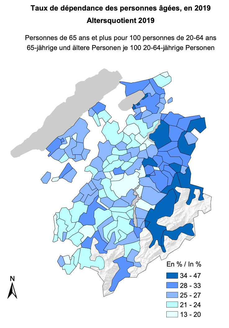 Taux de dépendances des personnes âgées, en 2019