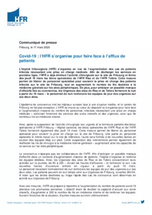 CP - L’HFR s’organise pour faire face à l’afflux de patients