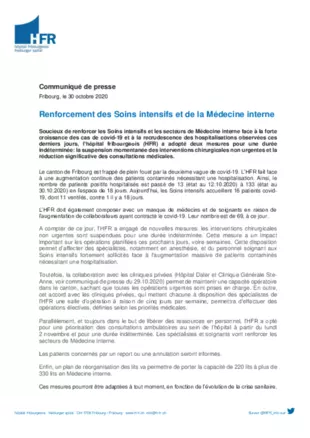 CP - Soucieux de renforcer les Soins intensifs et les secteurs de Médecine interne face à la forte croissance des cas de covid-1