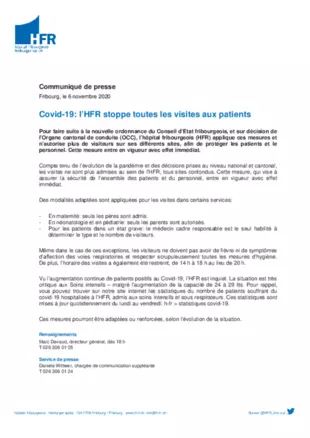 CP - Covid-19: l’HFR stoppe toutes les visites aux patients