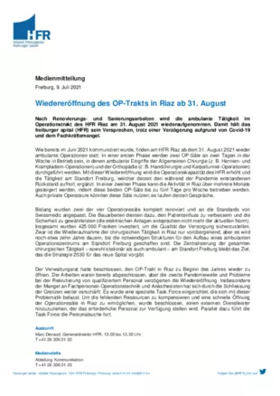 MM - Wiedereröffnung des OP-Trakts in Riaz ab 31. August