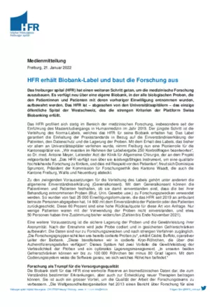 MM - HFR erhält Biobank-Label und baut die Forschung aus