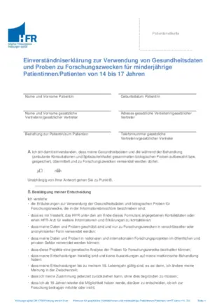 Einverständniserklärung für Minderjährige von 14 bis 17 Jahren Deutsch