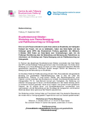 MM - Brustkrebsmonat Oktober: Workshop zum Thema Bewegung und Publikumsvortrag zur Onkogenetik