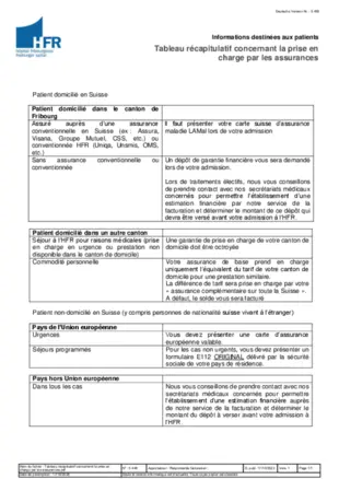 Tableau récapitulatif concernant la prise en charge par les assurances