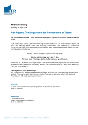 MM - Verlängerte Öffnungszeiten der Permanence in Tafers