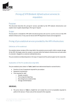 Pricing of HFR Biobank Infrastructure