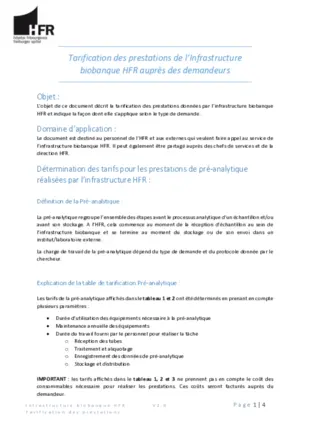 Tarification des prestations de l’infrastructure biobanque HFR