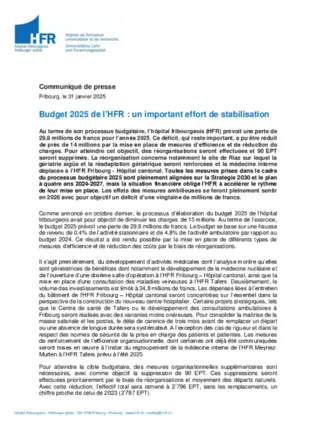 CP - Budget 2025 de l’HFR : un important effort de stabilisation