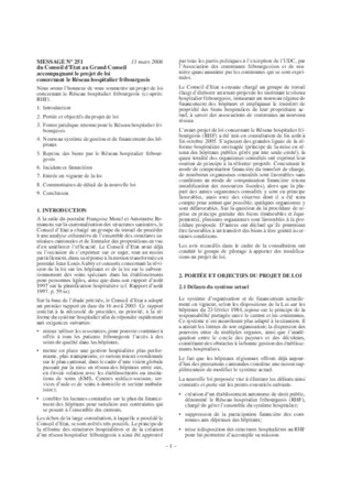 Message du 13 mars 2006 - Conseil d'Etat au Grand Conseil - Réseau hospitalier fribourgeois