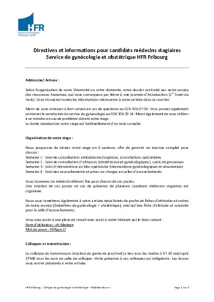 Directives et informations pour candidats médecins stagiaires Service de gynécologie et obstétrique HFR Fribourg